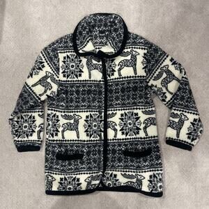 Marker Women M Alpaca Fleese Jacket Coat Black Cream Collar Boxy Cozy Boho Aztec